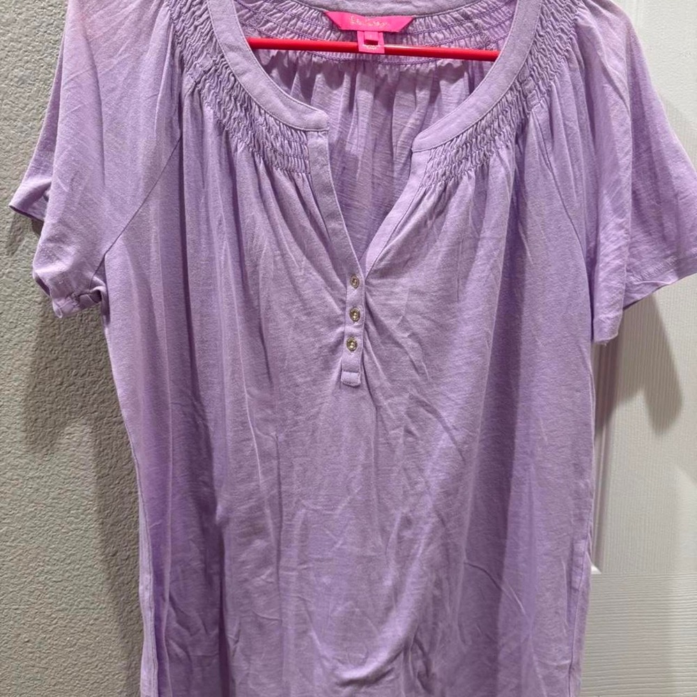 Lilly PulitzerLilac purple short sleeve blouse with button up front and smock